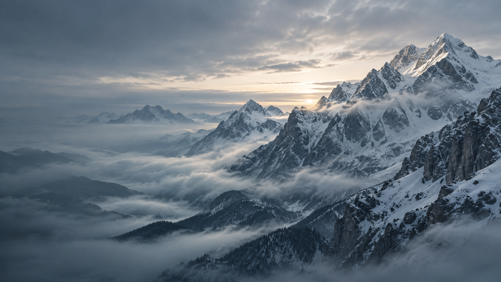Montañas nevadas elevándose sobre un valle cubierto de niebla